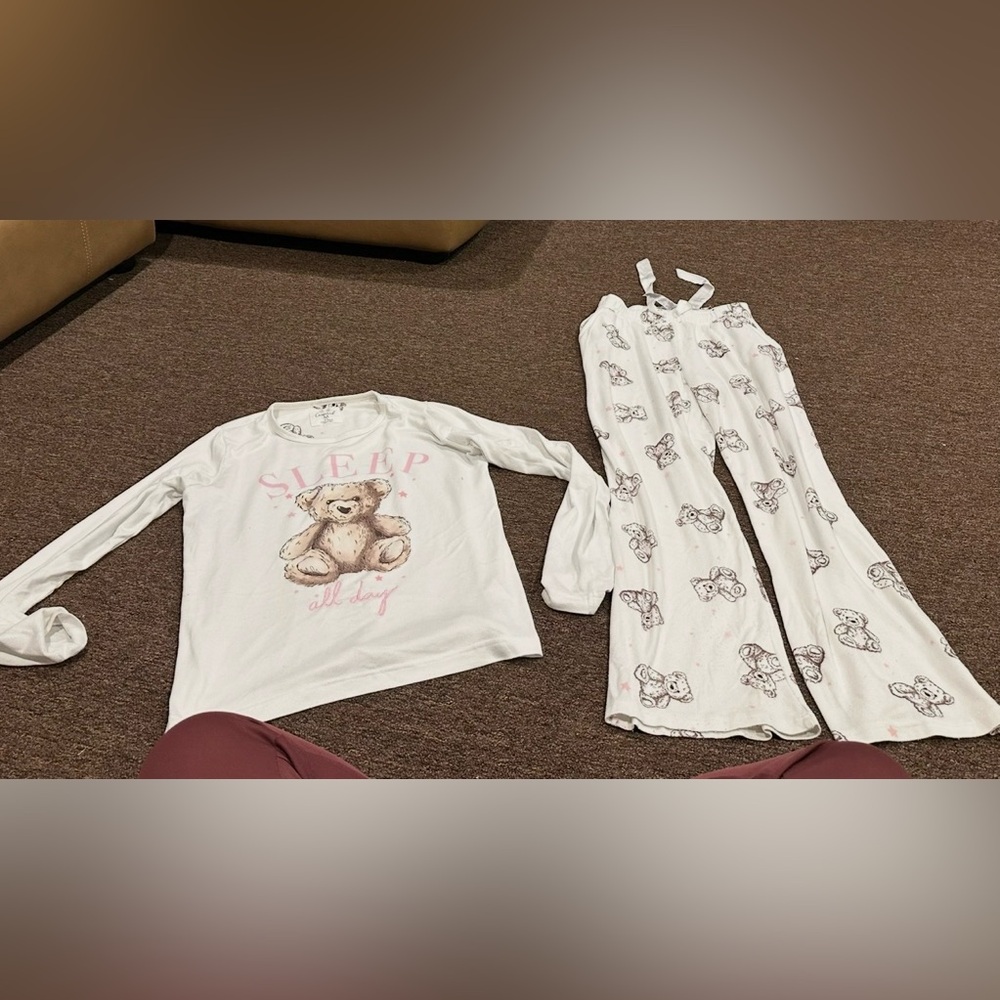 EUC Censored Women's M White & Pink Teddy Bear Pajama 2pc Set